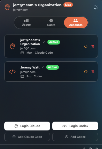 RunScope accounts screen with Claude Code and Codex login controls