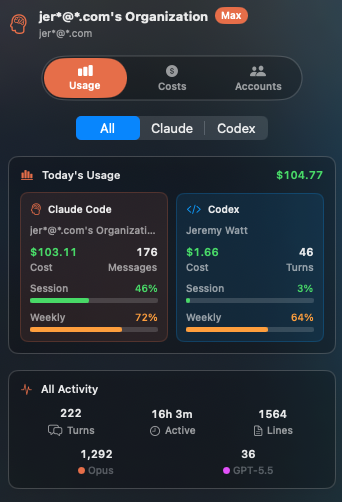 RunScope usage dashboard showing Claude Code and Codex quota and activity