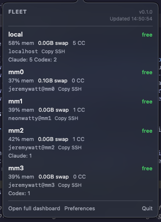 Fleet menu bar popover showing machine health, swap, active agents, and SSH targets.