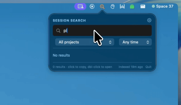 Real desktop recording of Session Search finding playwright results and opening a Claude Code session
