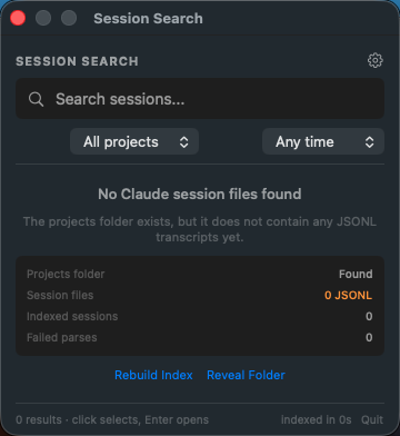 Session Search empty state showing index diagnostics for a projects folder with no session files