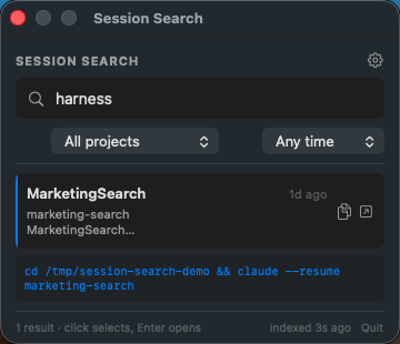 Session Search showing a Claude Code session result and resume command preview