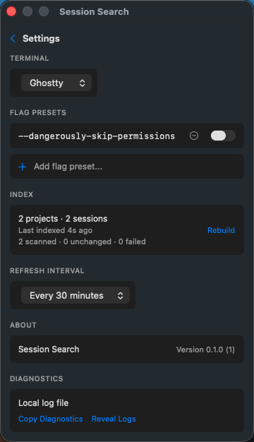 Session Search settings with terminal selection, flag presets, index stats, and diagnostics
